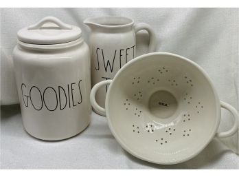 Rae Dunn Kitchen Essentials: Colander, Sweet Tea Pitcher And Cookie Jar