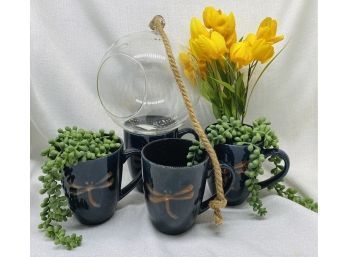 Hanging Planter, Set Of (4) Dragonfly Mugs, And Various Faux Plants