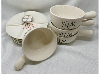 (4) Rae Dunn Soup Bowls With Handle, Plus Set Of FUN Plates