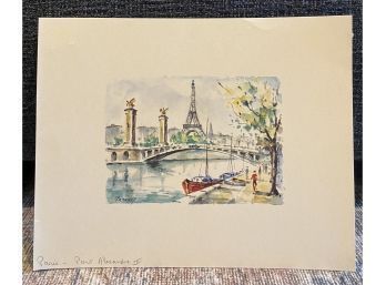 12 X 10 In. Watercolor Sketch Signed By Artist, Eiffel Tower Paris