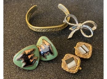 Antique Jewelry: Cuff Bracelet, Two Pairs Of Earrings, Plus Brooch