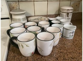 Collection Of Floral Designed Mugs, American Atelier Botanical Plates, And Kaffe Mugs/Jars