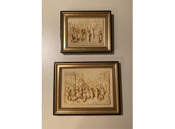 Intricate Pair Of Carved Ivorine Plaques By Beckett (The Baptism 6.25x5.25 & Market Place 7.5x6)