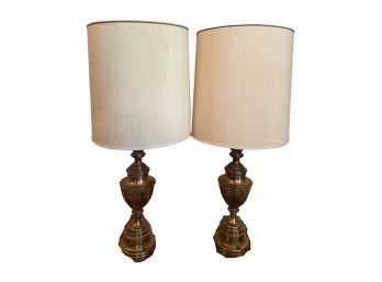 Amazing Pair Of Tall Table Lamps. Good Colored Base And White Shades