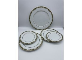 Beautiful Collection Of Porcelain China Plates With Green Accents. Made By Noritake