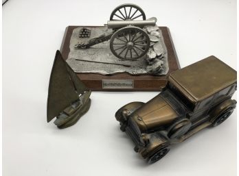 Small Metal Figurine Collection (Boat, Car, Civil War Cannon)