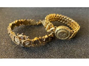 (2) Gold Color Antique Bracelets. One Is A Locket!