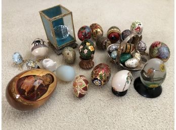 Collection Of Small Decorative Ceramic, Glass And Wooden Eggs