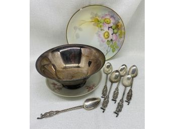 (2) China Plates, Silver Plate Bowl, And Collection Of (6) Antique Spoons With Llama Design