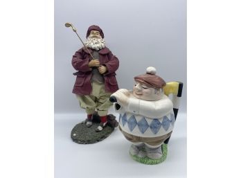 Santa Claus Golfing Figurine 12 In. H, And Golfing Tea Pot 9 In H