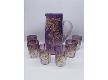 Beautiful Hand Painted Purple Glass Pitcher And 6 Cups With Good Accents.