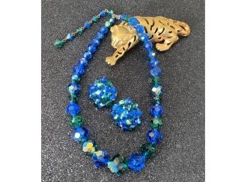 Blue Beaded Necklace And Matching Earrings, Plus Tiger Brooch