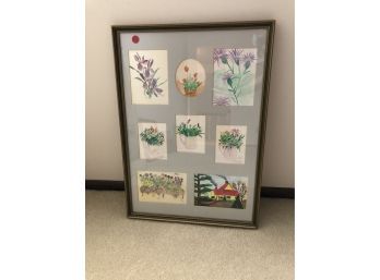 Small Watercolor Floral Paintings In Wooden Frame (23 1/2 X 16 1/2)