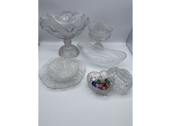 Lovely Assortment Of Glass Pieces Including A Large Bowl, Glass Candy In A Dish, And Small Dishes