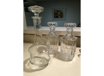 Three Decorative Clear Glass Decanters For Home Bar