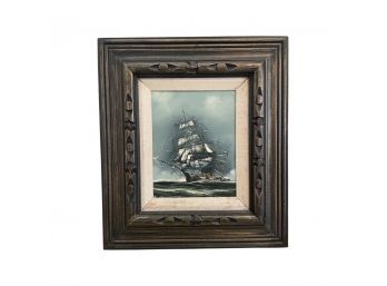 Canvas Painting Of A Ship In The Water By Signed Artist In The Bottom Corner