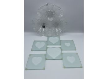 Heart Designed, Stacked Glass Coasters By Mary Kay Simon And Sunflower Frosted Bowl