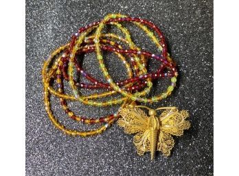 Beautiful Gold Color Butterfly Brooch, Plus Collection Of Beaded Bracelets