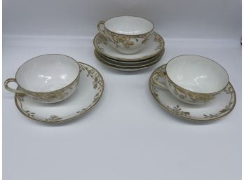 Lovely Hand Painted Nippon Tea Cups (3) And Plates (5) With Gold Accent Details