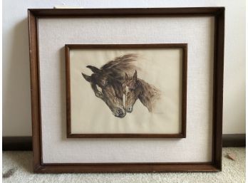 Two Horses Close Up Watercolor Painting With Wooden Frame (18 X 15 1/2)