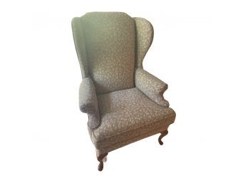 Lovely Wingback Sitting Chair With Wood Feet. Grey/green Color With Faded Yellow Leaf Accents