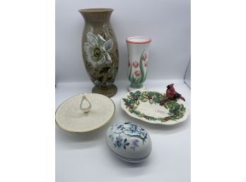 Lovely Tall Hand Painted Vase With Floral Accents, Lenox Ring Holder, Handpainted Egg Dish And Vase.