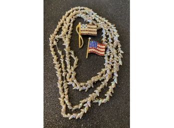 Long Seashell Necklace, Plus (2) American Flag Brooches / Pins