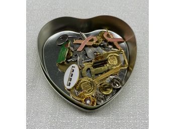 Tin Heart Container With Various Keys And Pins Inside