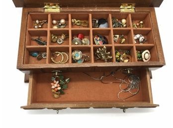 Wooden Jewelry Box With Assortment Of Earrings And Chains