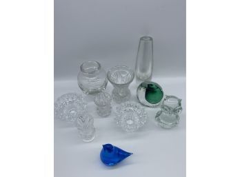 Beautiful Collection Of Small Glass Pieces Including An Owl, Blue Bird, Small Vases And Candle Holder