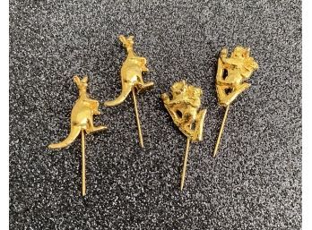 (4) Gold Color Straight Pins / Brooches, Koala And Kangaroo Design