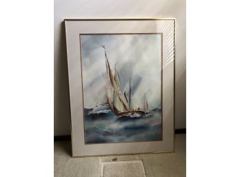 Watercolor Painting Of Sailboat With Metal Frame Under Glass  (23 1/2 X 16 1/2)