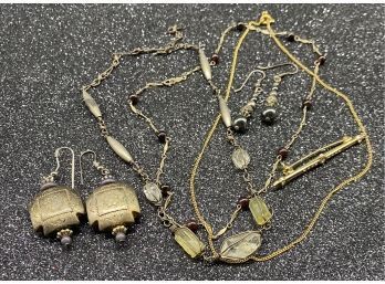Jewelry: (3) Necklaces, (2) Earrings, And Antique Brooch