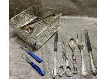 Various Flatware Pieces, Some Silver Plate, Plus Beautiful Footed Serving Dish