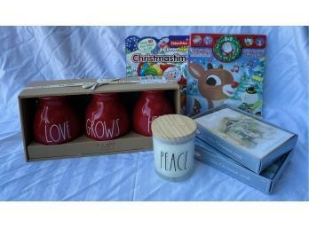 Rae Dunn Collectibles Including PEACE Candle, Plus Unopened Christmas Cards And Childrens Books
