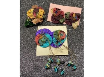 Unique Hand Made Cloth Jewelry: (2) Pairs Of Earrings And Matching Brooch