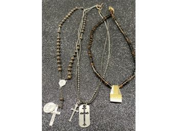 (3) Mens Necklaces: Rosary, Cross Necklace, And Beaded Necklaces
