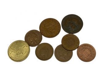 (7) British Half Penny, Pennies, And (1) Euro