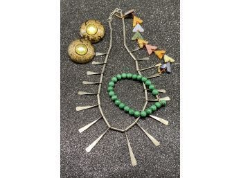 Unique Necklace, (2) Bracelets And Vintage Clip On Earrings