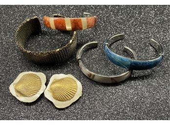 (4) Cuff Bracelets And Pair Of Seashell Earrings