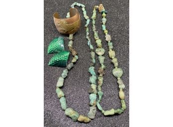 Two Turquoise Color Beaded Necklaces, Plus Earrings And Cuff Bracelet