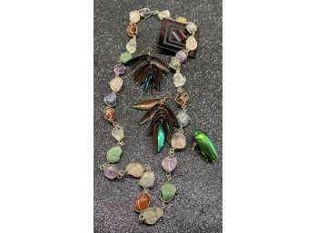 Multicolor Rock Necklace, Plus Beetle Brooch With Matching Earrings