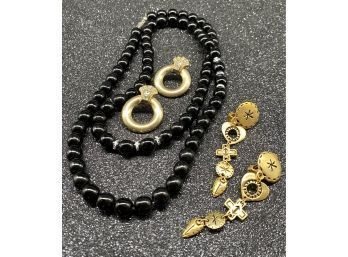 Black Beaded Necklace And (2) Gold Color Earrings