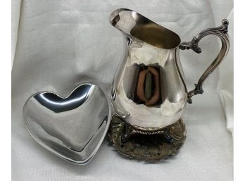 Silver Plate Pitcher And Stand, Plus Heart Shaped Plates By Nambe