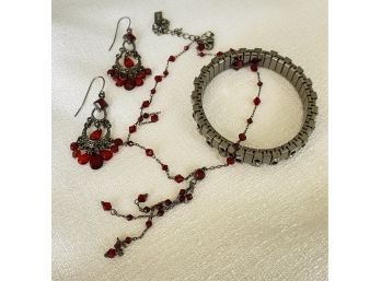 Beautiful Jewelry Set! Red Beaded Earrings, Bracelet, And Bracelet