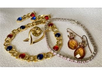 Bracelet With Matching Blue And Red Gems, Plus Bracelet, Earrings, And Heart Pin