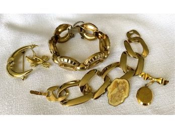Gold Color Jewelry Collection: Two Chain Bracelets, Plus Unique Brooches