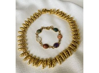 Gold Color Necklace With Beautiful Multicolor Bracelet
