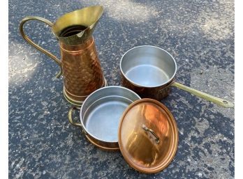 (2) Douro Made In Portugal Copper Pots, Plus (1) Pitcher Made In Holland