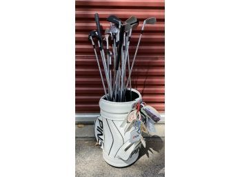 PING White Golf Bag With Collection Of Wilson Clubs